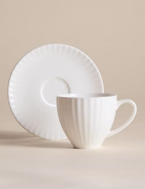 M&S Fluted Hampton White Bone China Coffee Cup and Saucer Set
