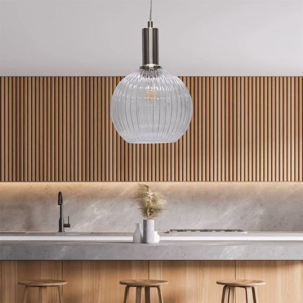First Choice Lighting Betchley Set of 2 Deco Pendants with Clear Ribbed Glass Globes and Satin Nickel Finish – 2