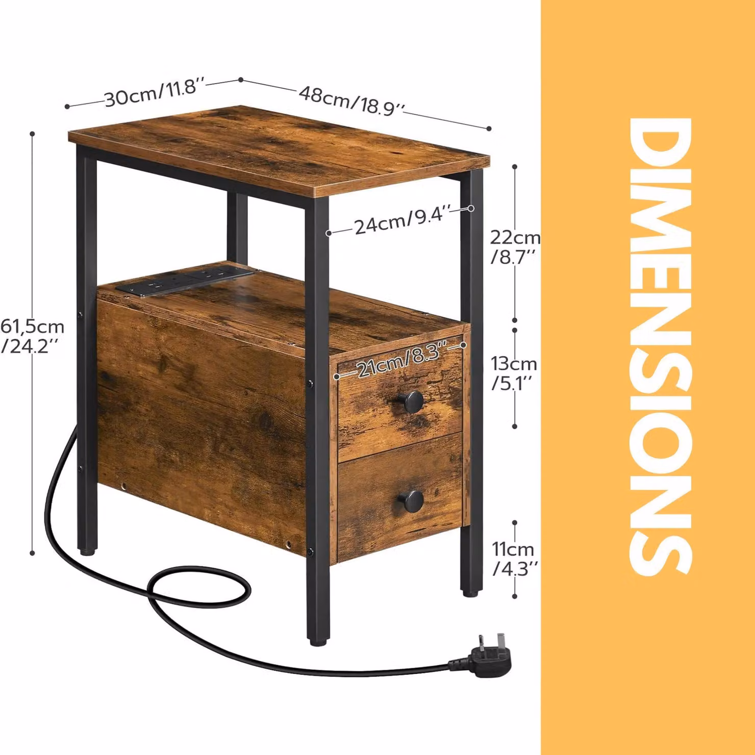 Rafaelo Mobilia Bedside Table with Power Outlet and USB Ports in Brown and Black, W/D/H: 61.5 x 30 x 48 cm – 4