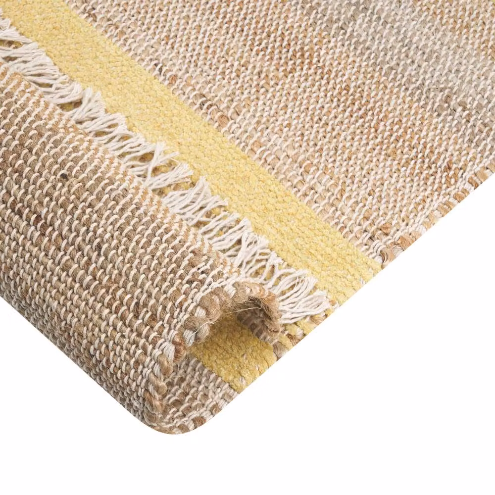 Wyld and Coco Handwoven Jute and Cotton Striped Dhurrie Rug with Fringes, Beige and Yellow, W: 160 cm, L: 230 cm – 2
