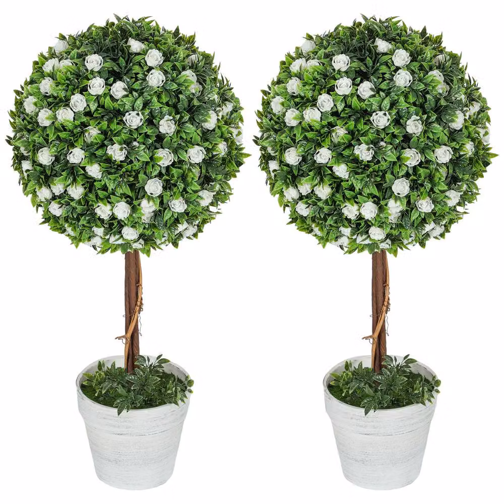 STILVORA Set of 2 Artificial Rose Topiary Plants in Green and White Pots, Height: 60 cm – 3