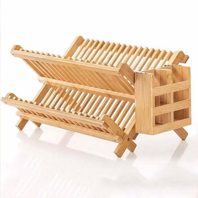 VOGREX Foldable Bamboo Dish Drying Rack and Cutlery Utensil Holder Organizer in Beige