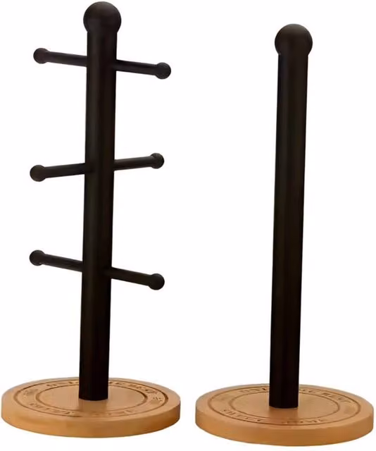 FORGEVIO Stainless Steel 6 Cup Mug Tree Stand and Kitchen Paper Towel Holder in Black