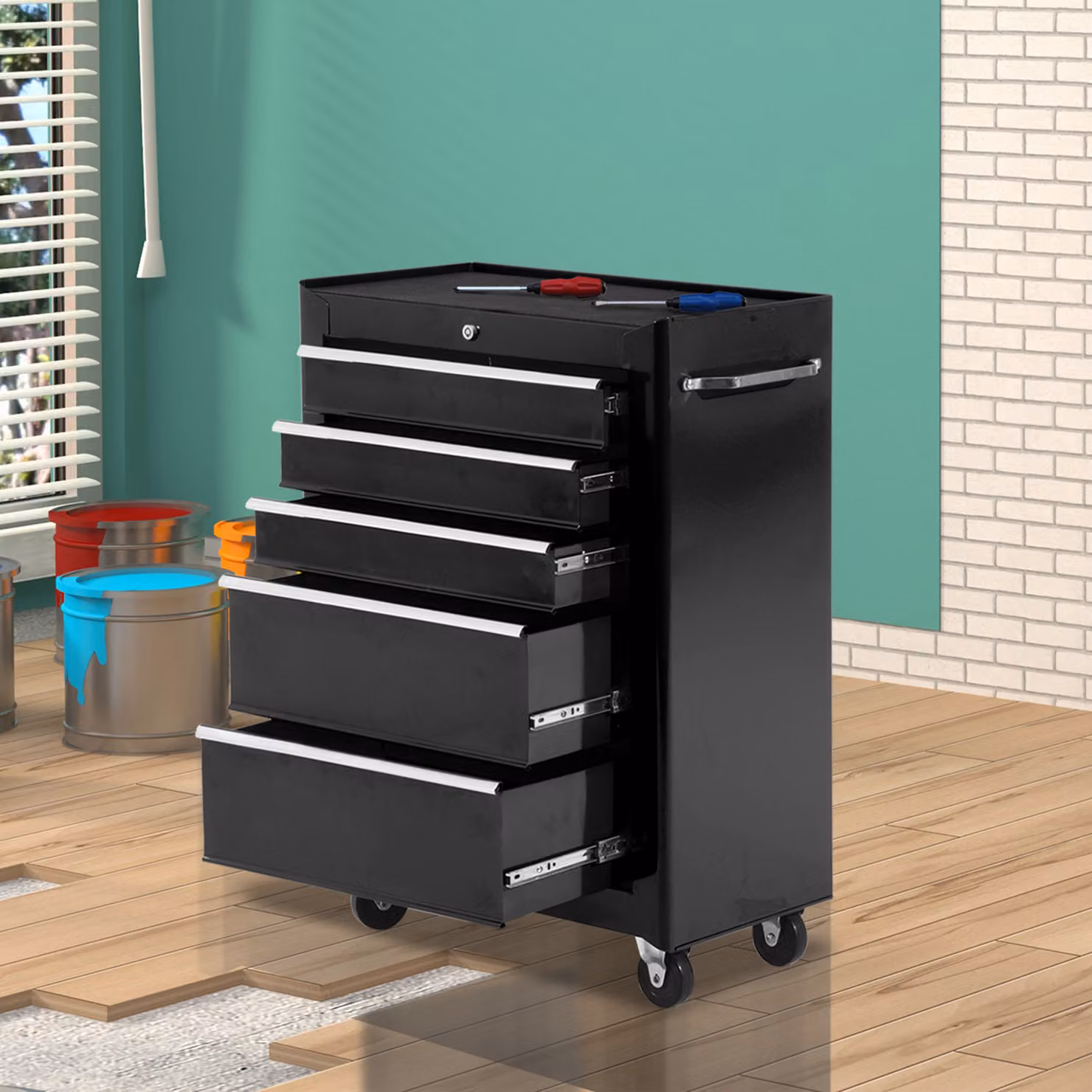 HOMCOM 5-Drawer Lockable Tool Storage Cabinet on Wheels with EVA Pads, Black – 9