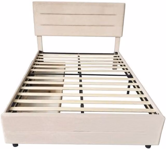 Furniture Maxi Cibor Double Bed Frame with 2 Drawers in Beige Solid Wood and Fabric