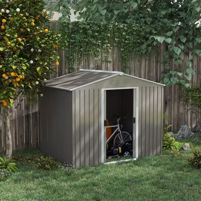 Outsunny Metal Garden Storage Shed with Pent Roof and Sliding Doors in Light Grey