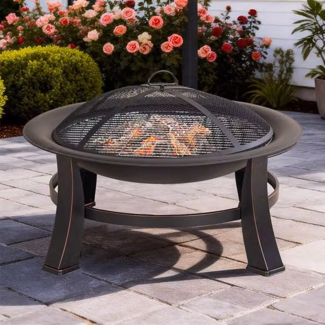 Direct Wicker Round Outdoor Fire Pit Bowl with Rain Cover in Black
