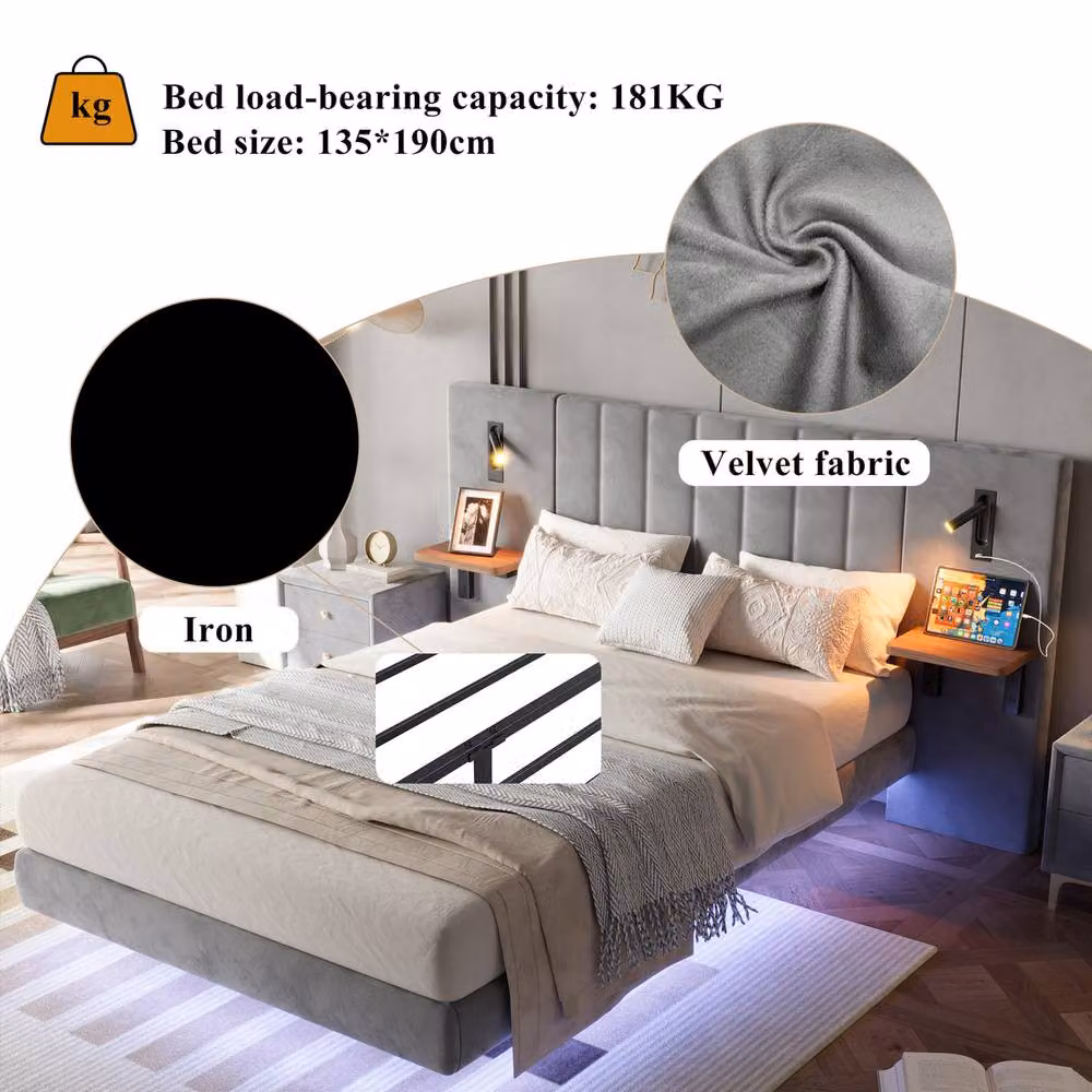 Rolipo Grey Velvet Double Bed Frame with Smart LED Lights, USB Charging Port and Storage, W/D/H: 140 x 200 x 137 cm – 4