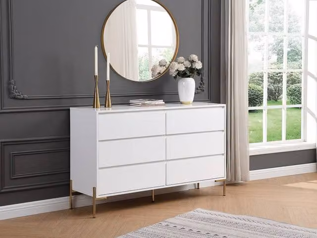 Vente-unique Korasa 6-Drawer Chest in White Lacquered MDF and Gold Metal, W/D/H: 82.5 x 40 x 140 cm – 1