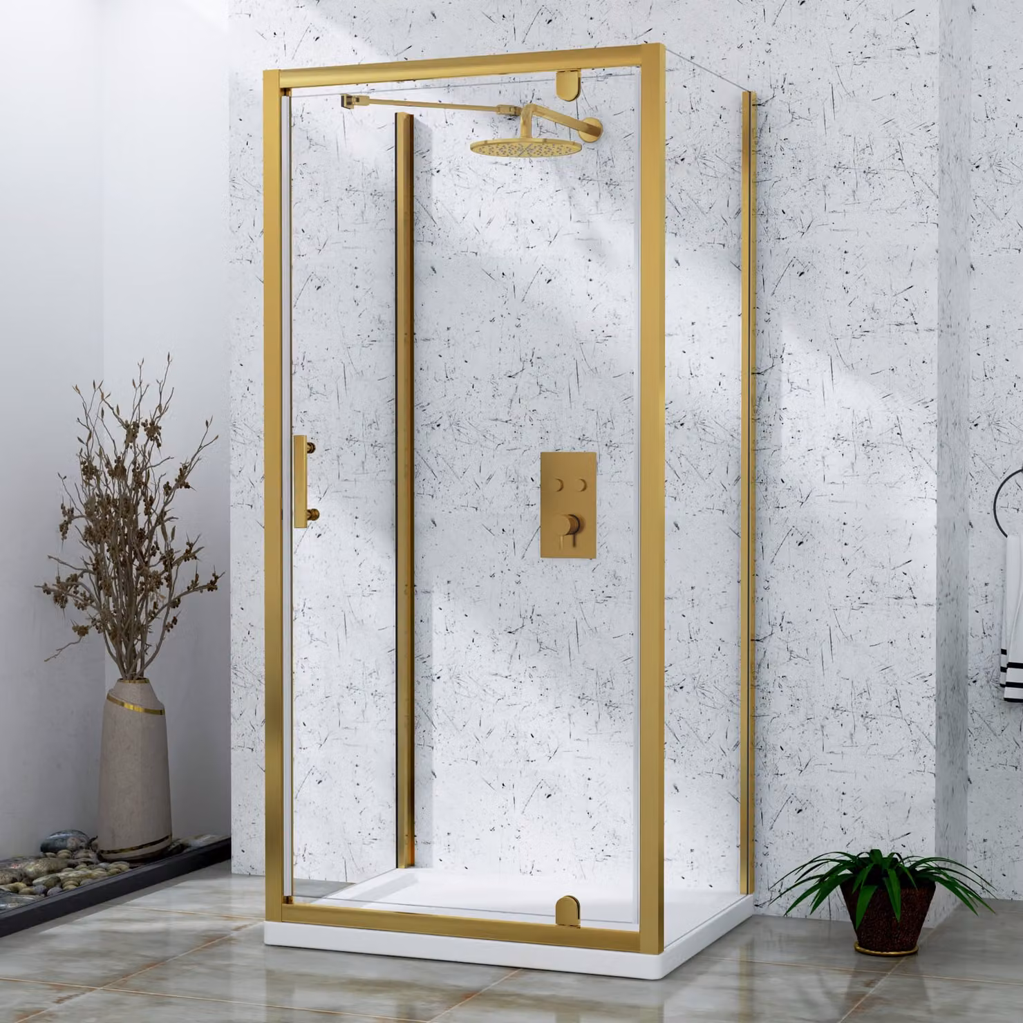 Royal Bathrooms Venice 3-Sided Rectangular Pivot Door Shower Enclosure with 6mm Glass in Gold