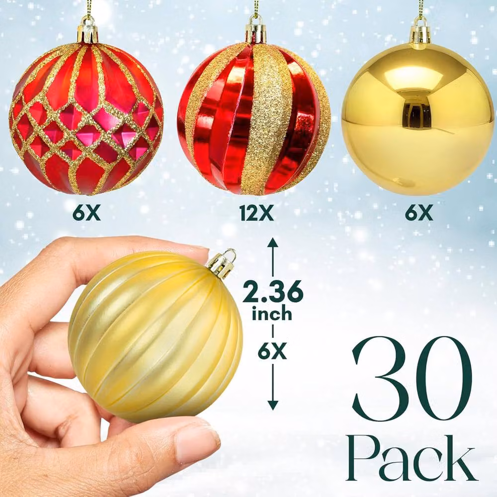 Pelle & Sol 30 Piece Red and Gold Shatterproof Christmas Bauble Set, 6 cm Round Plastic Hanging Decorations – 3