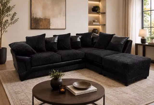 LUXURY LIFE Dino Right Hand Facing Cord Fabric Corner Sofa in Black – 1
