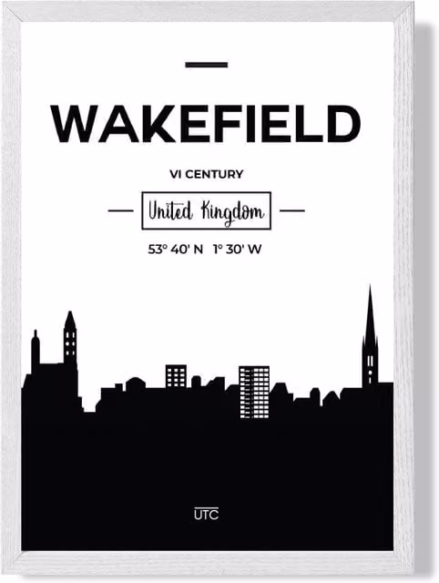ARTZE Wakefield Black and White City Skyline Framed Print, White Frame, A3