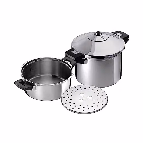 Kuhn Rikon Stainless Steel Pressure Cooker Set in Silver, including 4L and 6L Pots with Steamer Insert and Lids