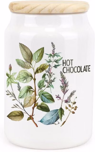 Purely Home Watercolour Herbs Ceramic Hot Chocolate Storage Canister in Green and White