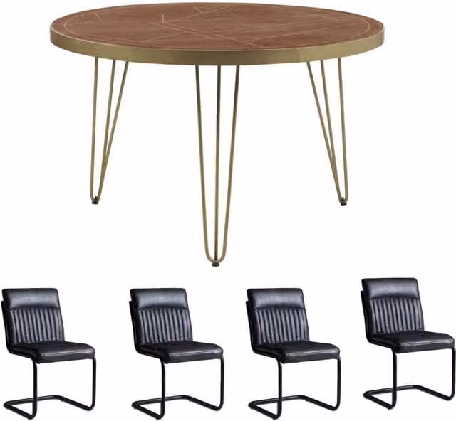 IH Design Round Mango Wood Dining Table and 4 Chairs Set in Brown, Gold, Black and Grey