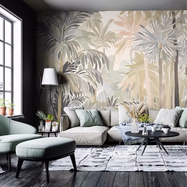 Origin Murals Pretty Palms Large Floral Wall Mural in Yellow and Multicolour Natural Stone