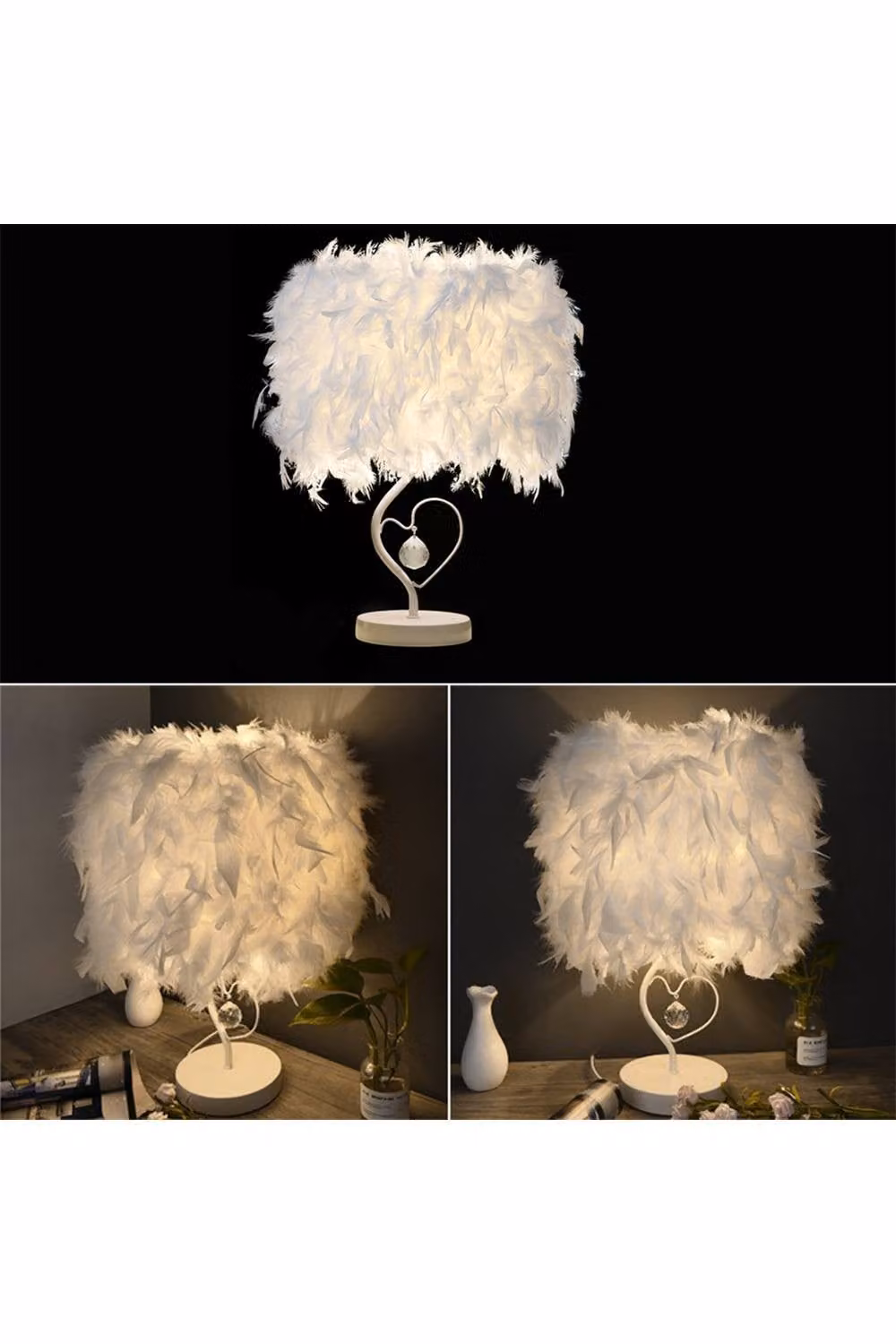 ExtraStar Modern Feather Bedside Table Lamp in White with Crystal and Metal Details – 2