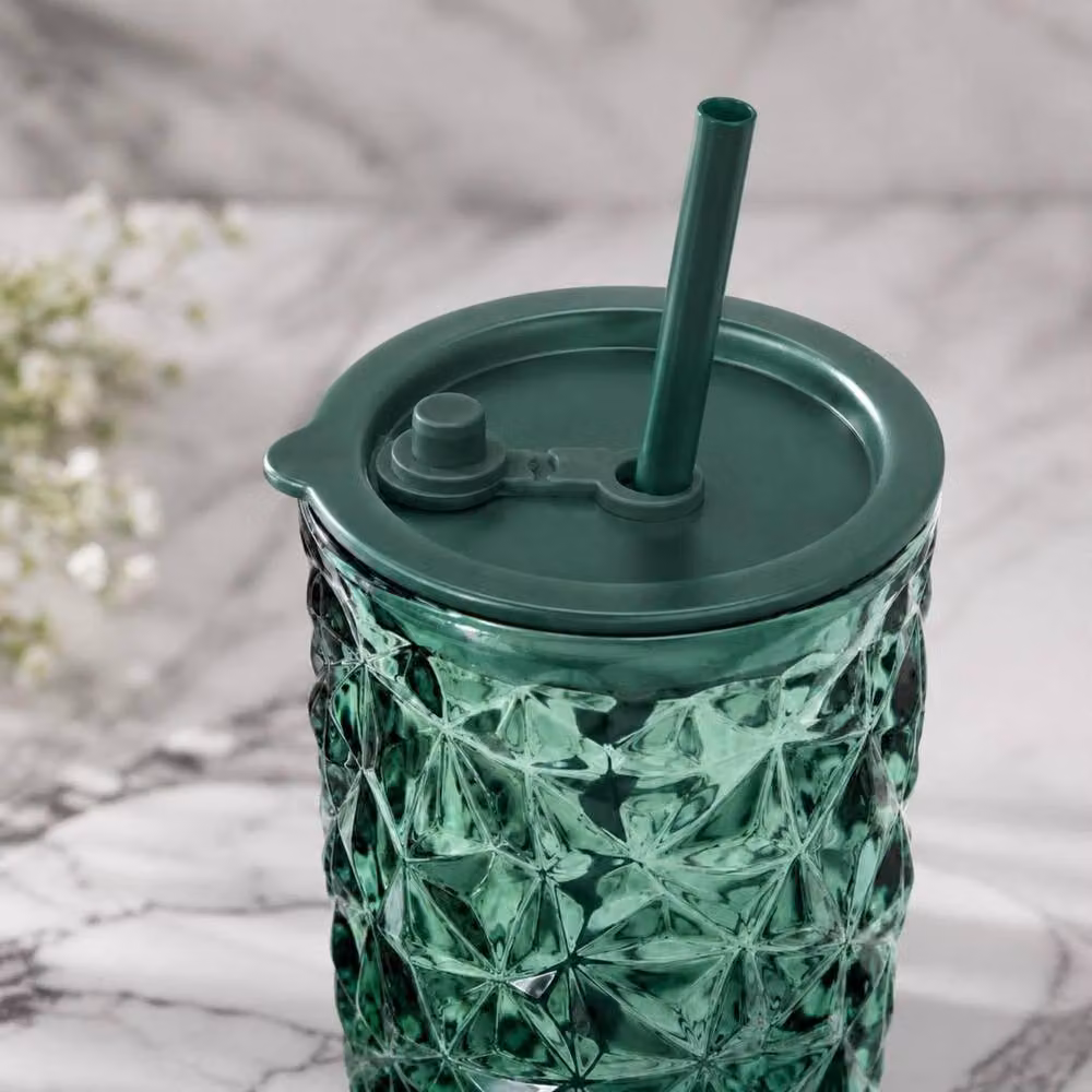 Dyzi Dark Green Borosilicate Glass Tumbler with Lid and Straw, 400ml – 2