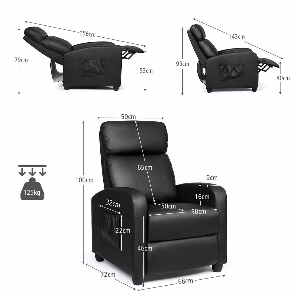KORVIXA Modern Upholstered Recliner Armchair in Black with Metal Frame and Armrests, W/D/H: 100 x 100 x 100 cm – 2