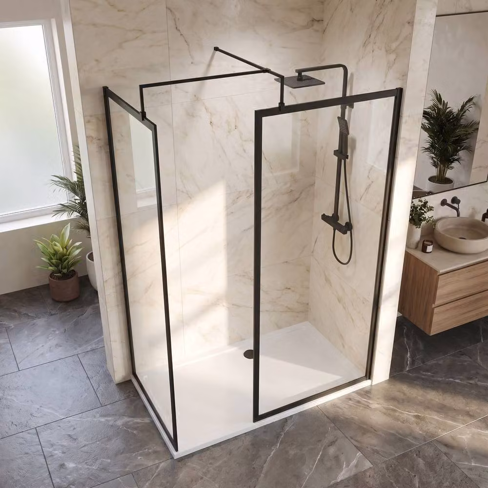 Balterley Framed Walk-In Wetroom Bundle with Rectangular Tray, Matt Black, W: 1400 mm, D: 800 mm – 3