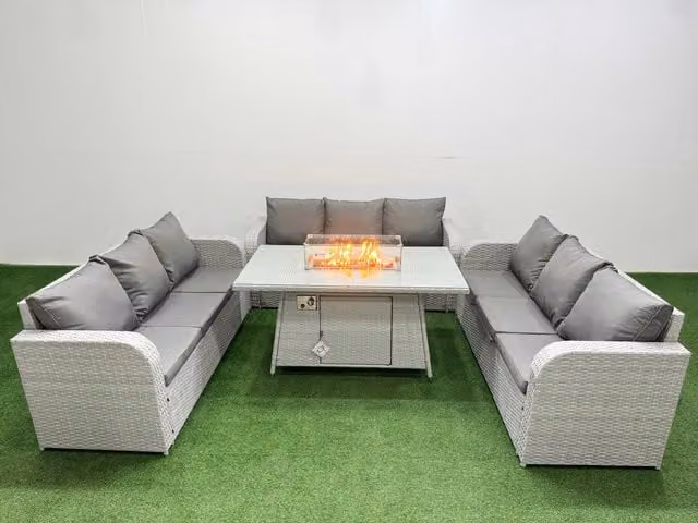 Fimous 9 Seater PE Rattan Lounge Sofa Set with Firepit Dining Table in Light Grey