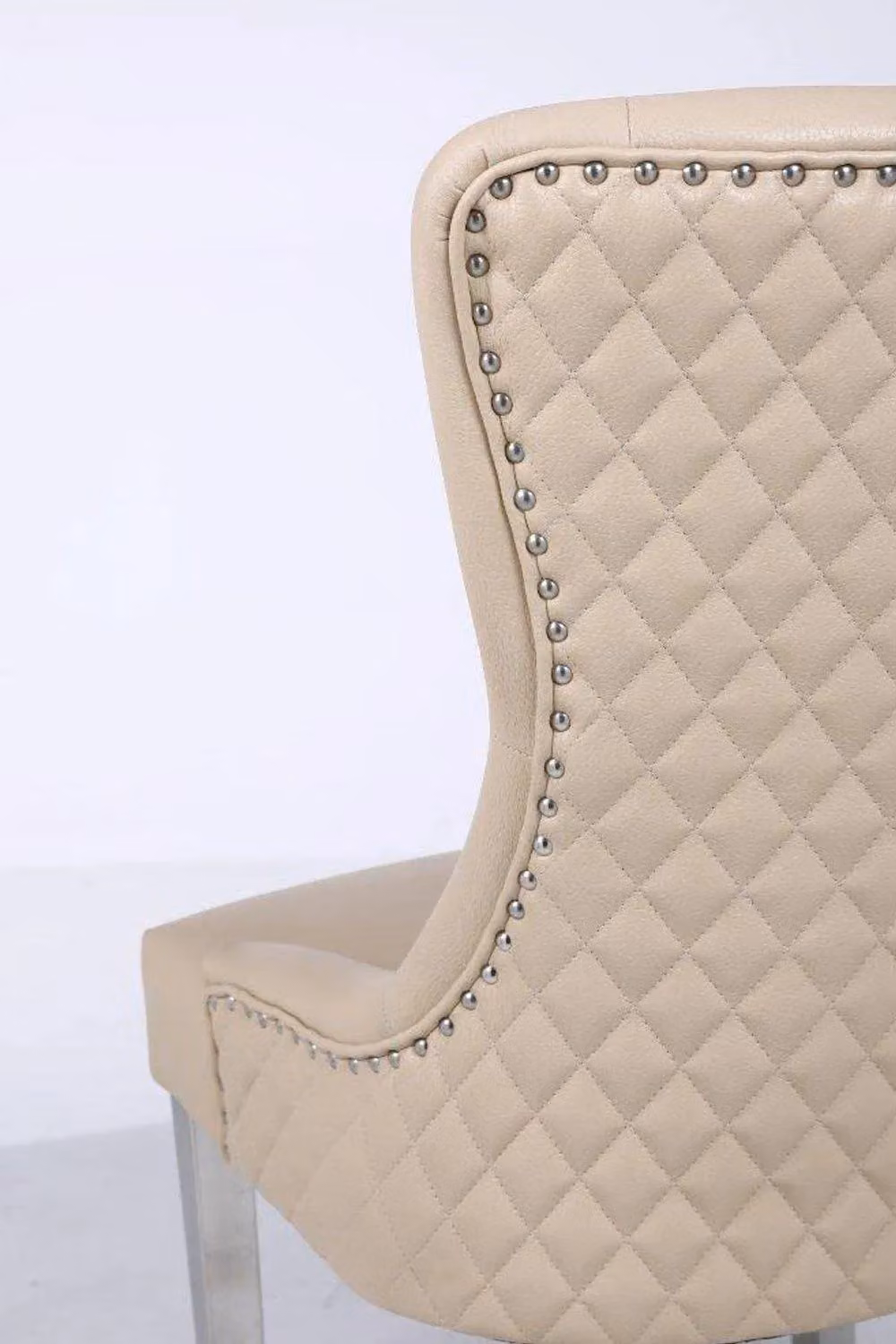 Modernique Pair of Aire High Back Dining Chairs in Beige Leather with Chrome Legs – 2