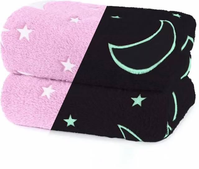 Wicked Gizmos Glow in the Dark Fleece Throw Blanket with Moon and Stars Design in Grey and Dark Pink, W/D/H: 152 x 127 cm