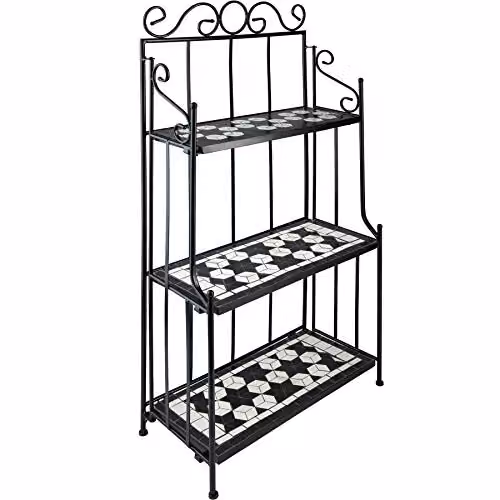 tectake 3-Tier Mosaic Stone and Metal Plant Stand, Multicolour Black and White