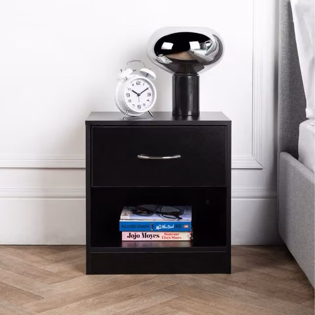 Home Treats Black Bedside Table with One Drawer