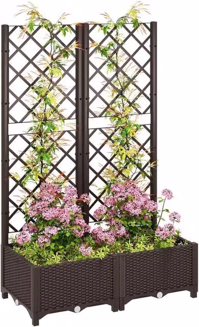 NESTLUNE Brown Plastic Vegetable Planter Box with Trellis, W/D/H: 123 x 80 x 40 cm