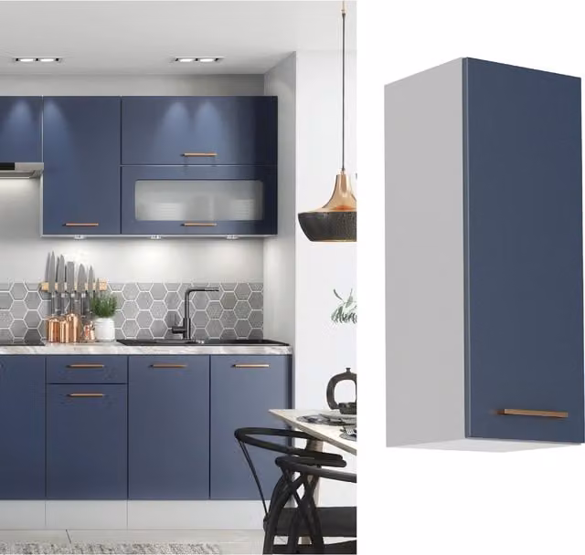 Impact Furniture Nora Modern Matt Navy Blue and Grey One-Door Wall Cabinet W/D/H: 30 x 30 x 72 cm