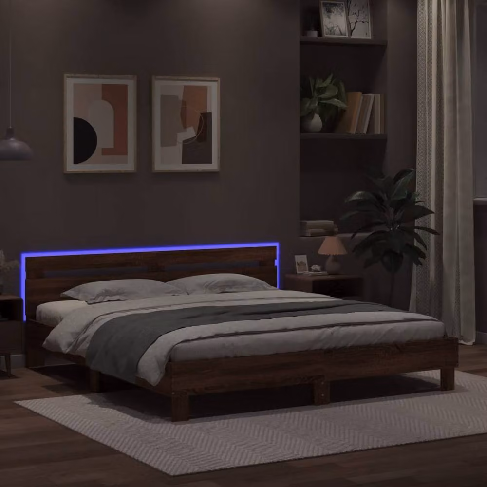 Berkfield Home Durable Bed Frame with Under-Bed LED Lighting in Brown Oak, W/D/H: 160 x 200 x 70 cm – 4