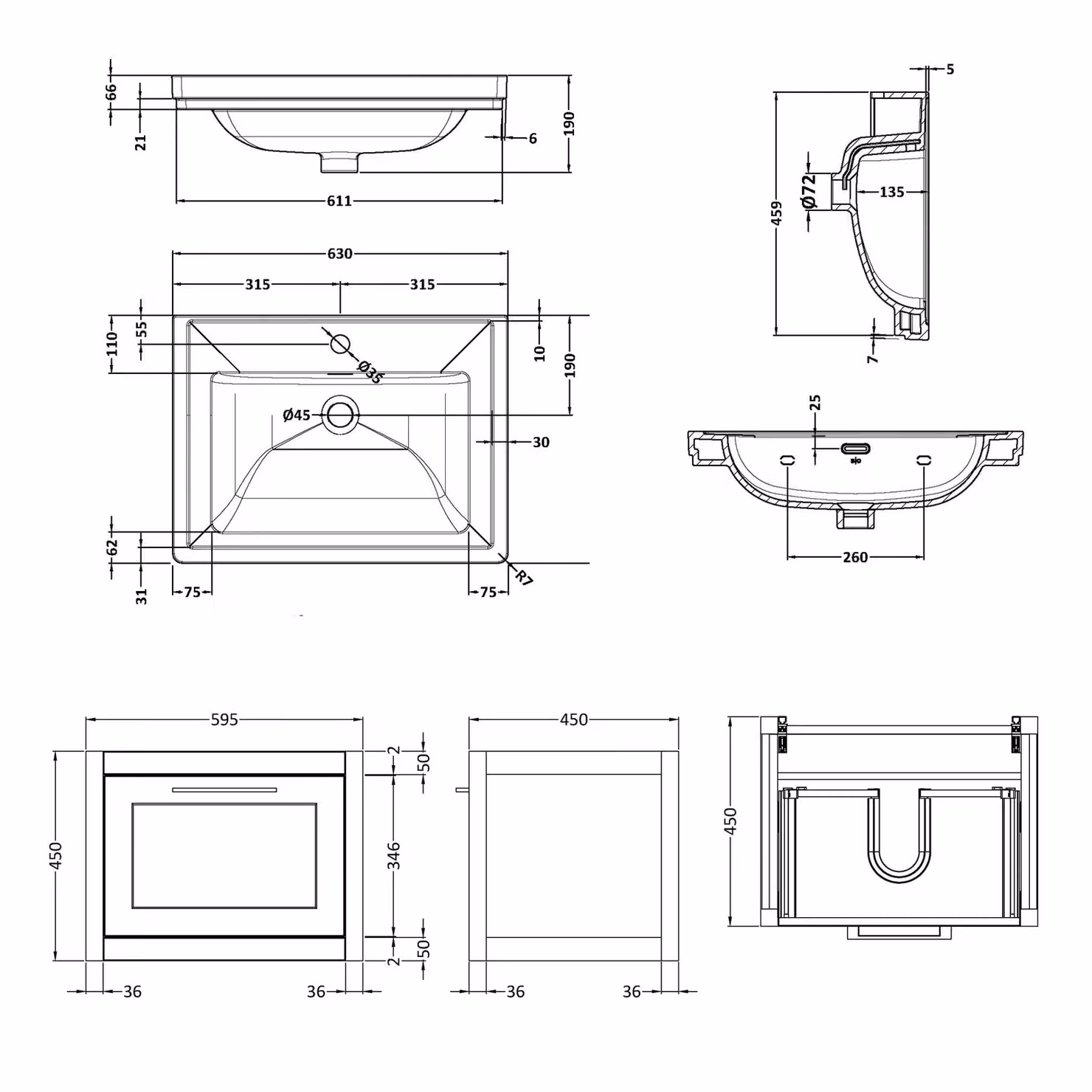 Balterley Wall Hung 1 Drawer Vanity Unit and 1TH Fireclay Basin, Dark Grey and White, Width: 60 cm – 4