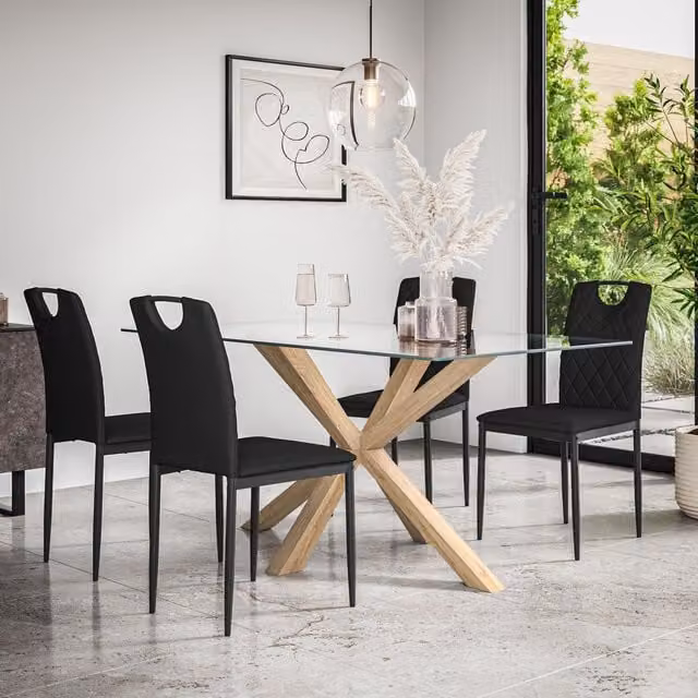 More4Homes Etta Glass Dining Table and Monza Black Faux Leather Chair Set of 4 – 1