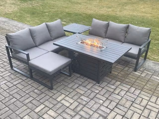 Fimous 7 Seater Outdoor Garden Furniture Set with Gas Fire Pit Dining Table, Footstool and Side Table in Dark Grey Powder Coated Aluminium