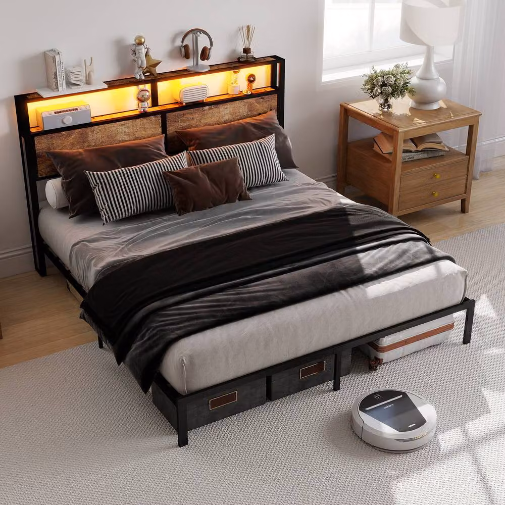 Matteo King Metal Bed Frame in Black with RGB Smart LED and Storage Headboard, W/D/H: 180 x 200 cm – 2