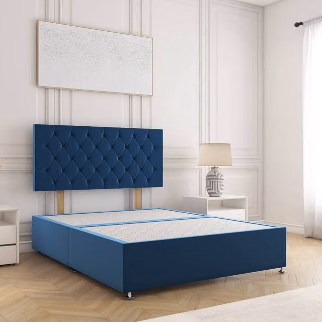 BSSPOKE Mia Single Divan Bed with 24 inch Plush Velvet Headboard in Blue, W/D/H: 90 x 200 cm