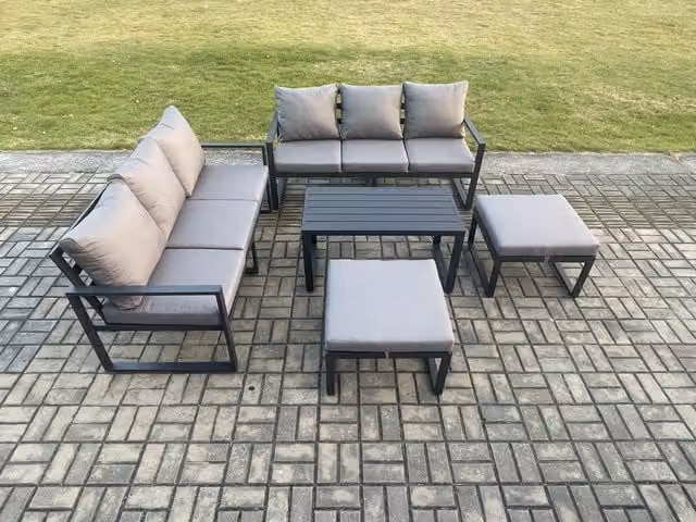 Fimous Aluminium Garden Lounge Sofa Set in Dark Grey with Oblong Coffee Table and 2 Ottomans