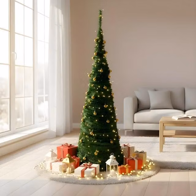 Shatchi 6ft Prelit Pop Up Christmas Tree with Warm White LED Lights and Gold Baubles, Green, H: 180 cm, W: 70 cm, D: 70 cm – 1