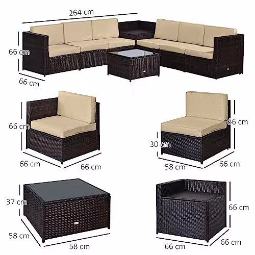 Outsunny 8 Piece L-Shape Rattan Garden Furniture Set with Cushions, Brown – 6