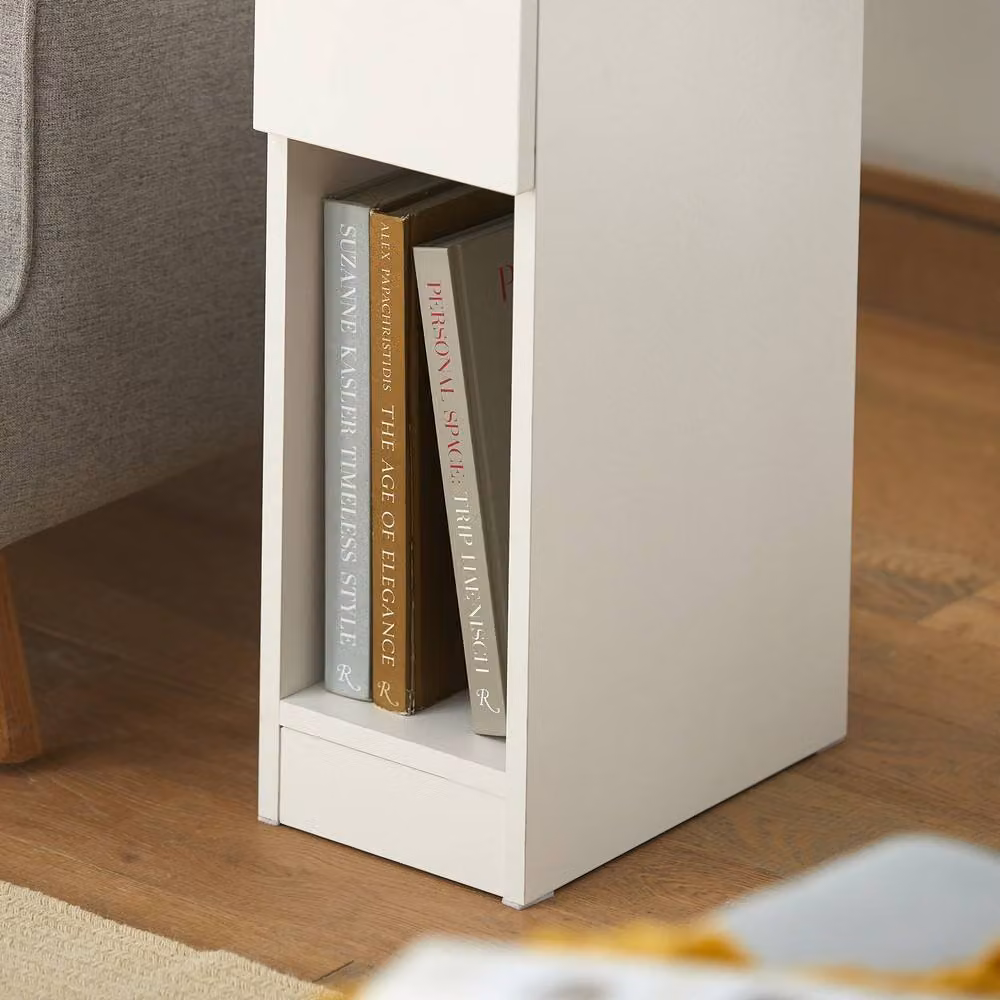 SoBuy Modern Slim Bedside Table in White with Open Shelf and Drawer, W/D/H: 35.0 x 20.0 x 60.0 cm – 4