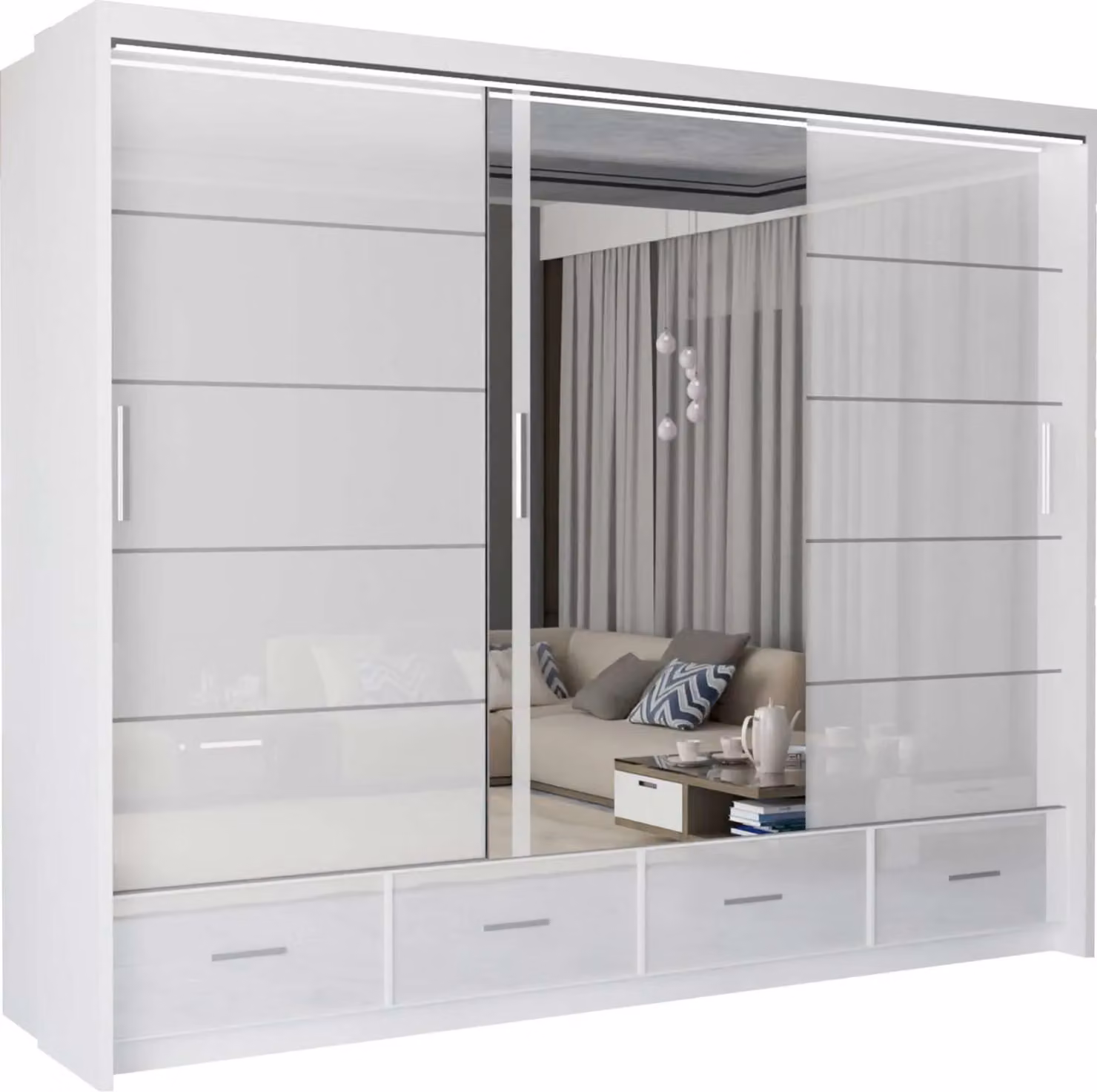 MN Furniture High Gloss White Sliding Mirrored Wardrobe with Integrated LED Lighting, W: 255 cm, H: 220 cm – 2