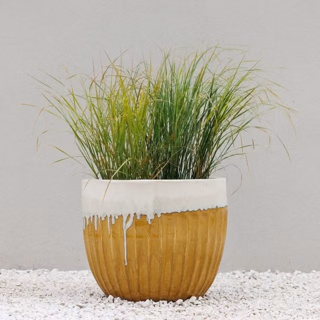 Primrose Ribbed Textured Glazed Round Patio Planter in Two Tone Yellow and Brown, 115l