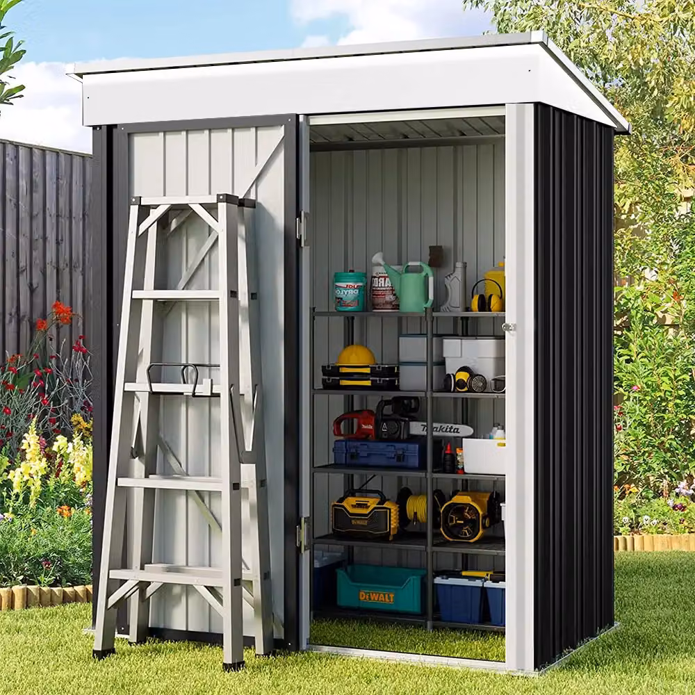 Living and Home Black Metal Pent Roof Garden Storage Shed with Lockable Single Door and Tool Shelving, W: 152.4 cm, D: 91.44 cm, H: 180 cm – 4