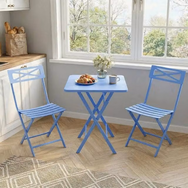 London Boutique 3-Piece Folding Bistro Set in Blue Matt Powder Coated Steel – 1