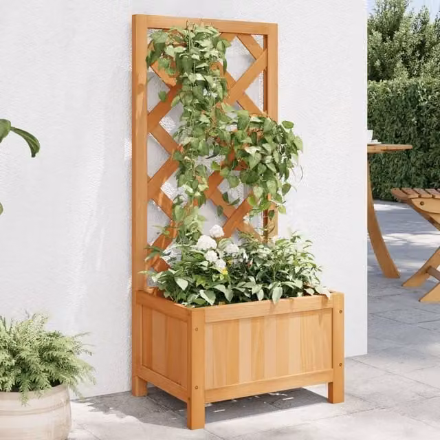 Berkfield Home Brown Solid Wood Fir Planter with Trellis – 1