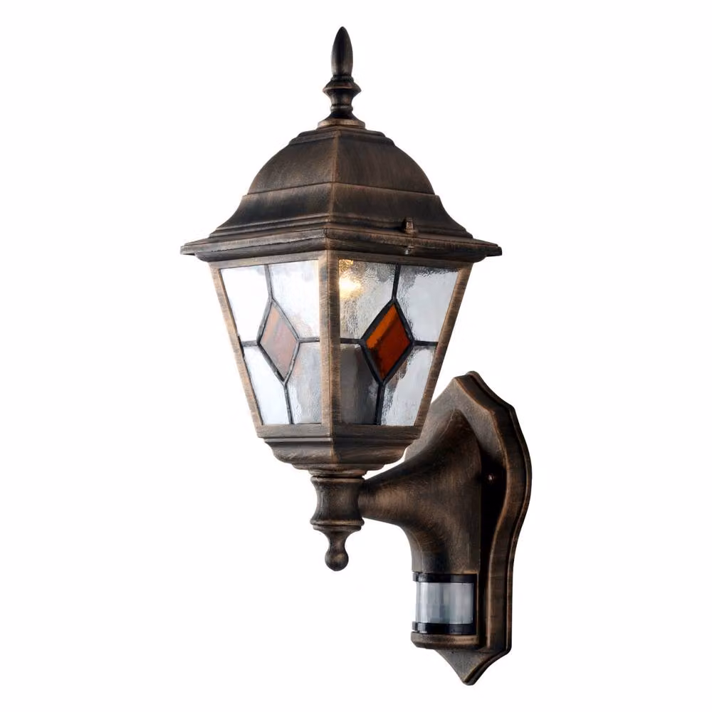 First Choice Lighting Set of 2 Black and Gold Metal LED Outdoor Wall Security Lanterns with Motion Sensor and Timer – 2