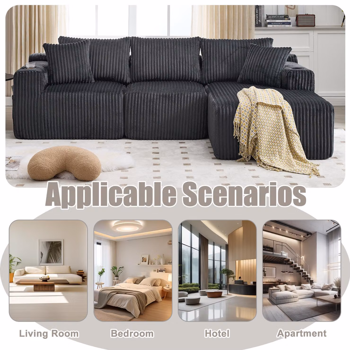 Aosom UK Modular L-Shaped Sectional Sofa in Grey Corduroy with Deep Seats and Reversible Design, W/D/H: 257 x 160 x 80 cm – 4