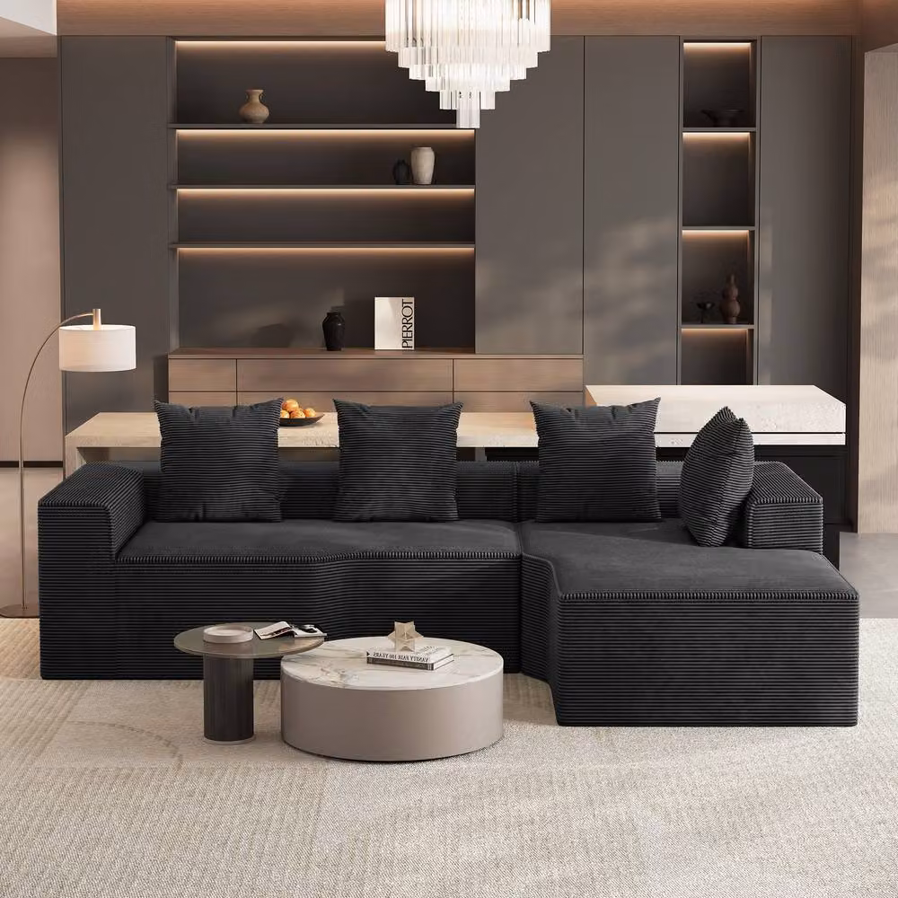 Dprodo Black Corduroy Right L-Shaped Modular Sofa, Width: 320 cm – 2